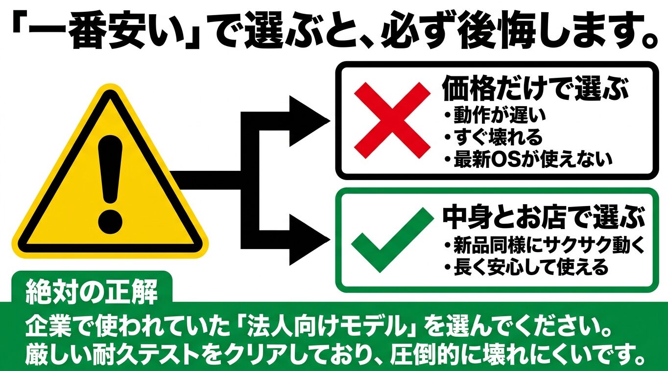 中古パソコンは最安値だけで選ぶと動作不良やOS非対応のリスクがあるため、耐久性に優れた法人向けモデルと信頼できる販売店を選ぶべきことを示す図