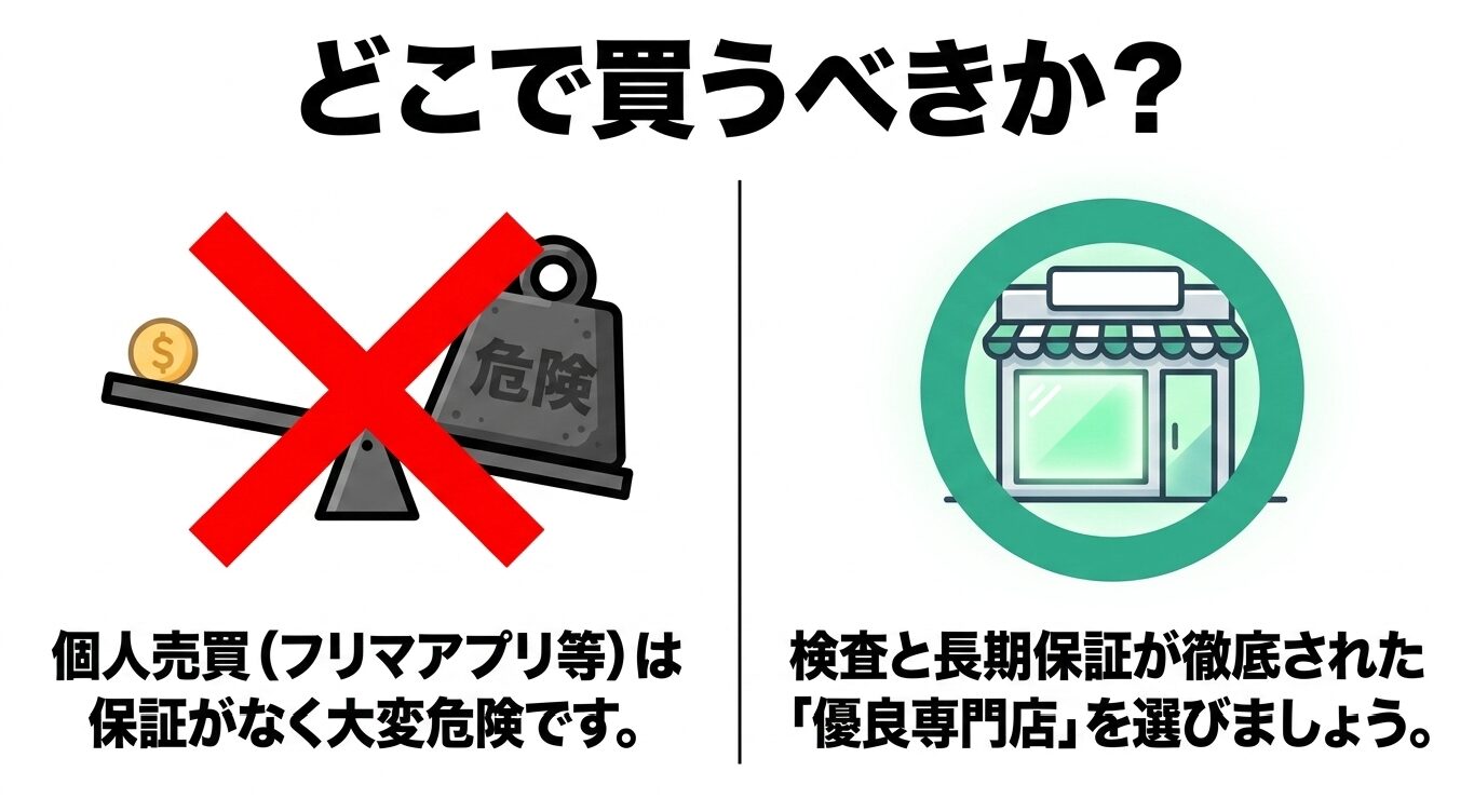 中古パソコンは個人売買を避け優良専門店で買う 保証のないフリマアプリなどの個人売買は危険であり、検査と長期保証が徹底された中古パソコン専門店を選ぶべきことを示す図