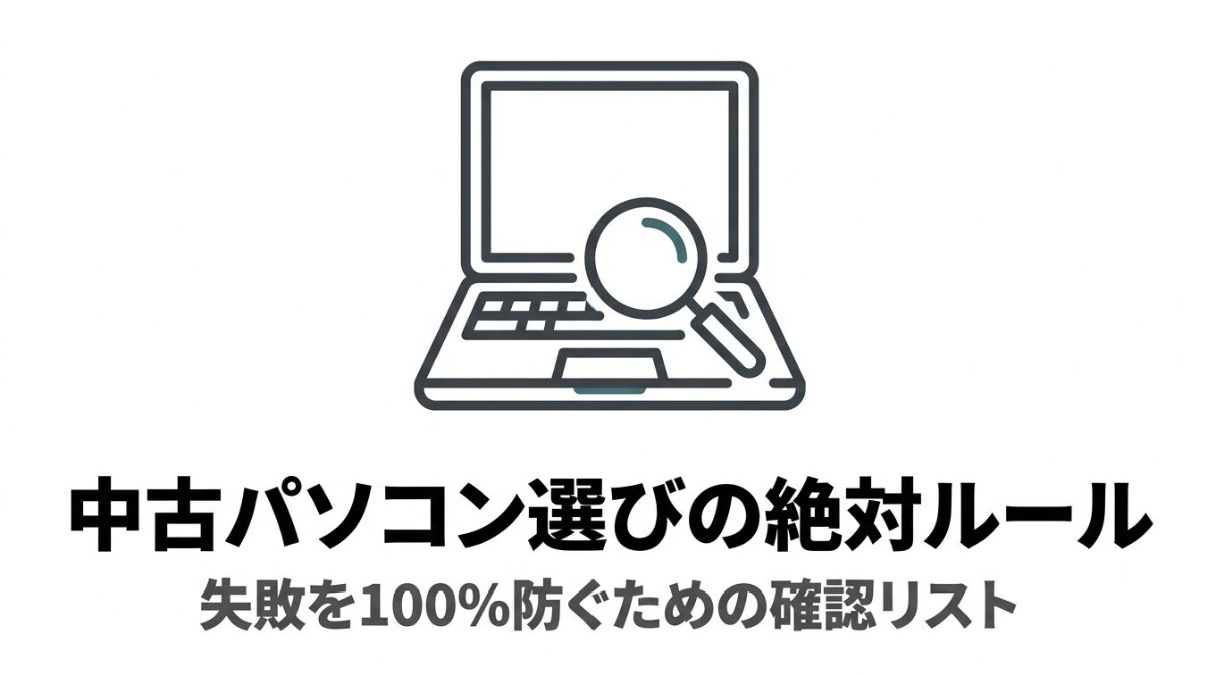 中古パソコン選びの絶対ルール|失敗を防ぐ確認リスト 中古パソコン選びで失敗を防ぐための確認リストを示すノートパソコンと虫眼鏡のイラスト