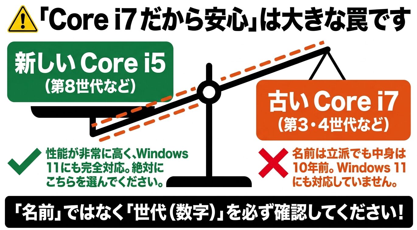 中古パソコンは古いCore i7より第8世代以降の新しいCore i5を選ぶべきであり、CPU名ではなく世代番号を確認する重要性を示す図