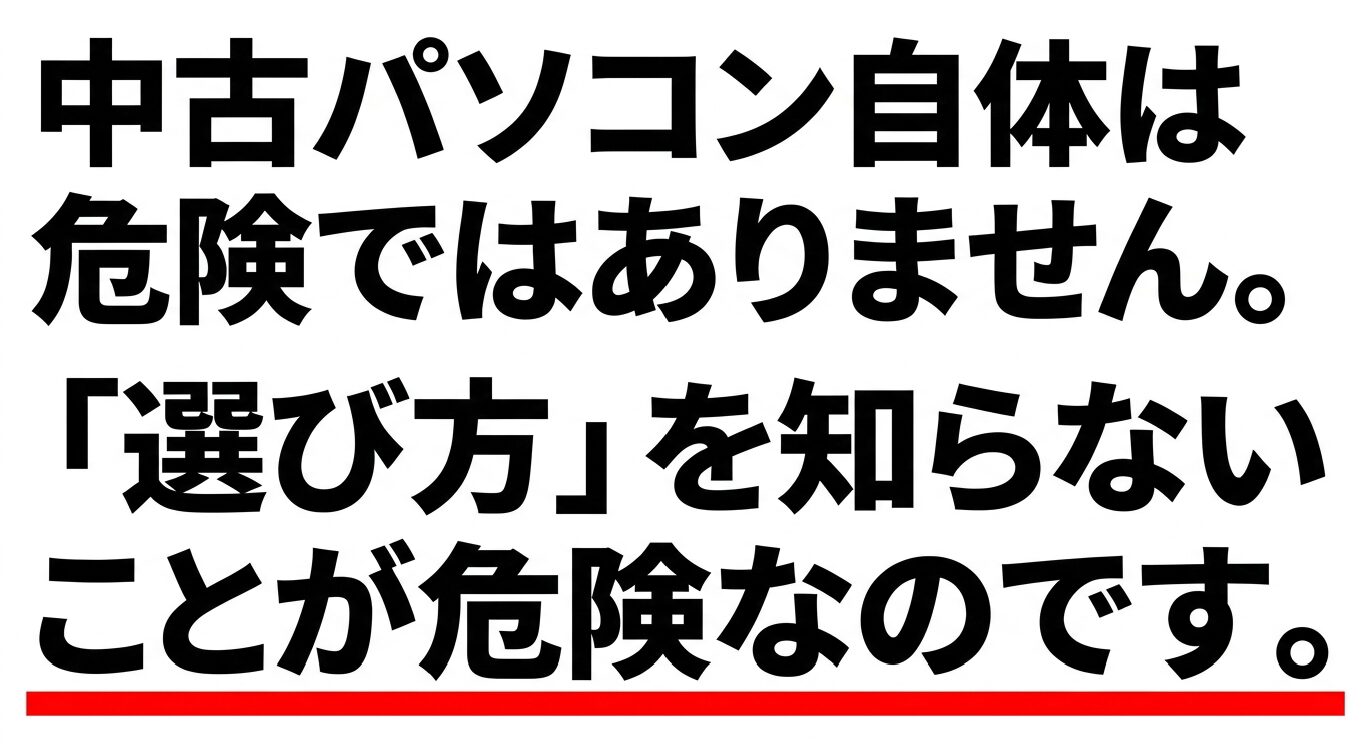 中古パソコンは危険ではない|選び方を知らないことが危険 中古パソコン自体は危険ではなく、正しい選び方を知らずに購入することが危険であると伝える注意喚起