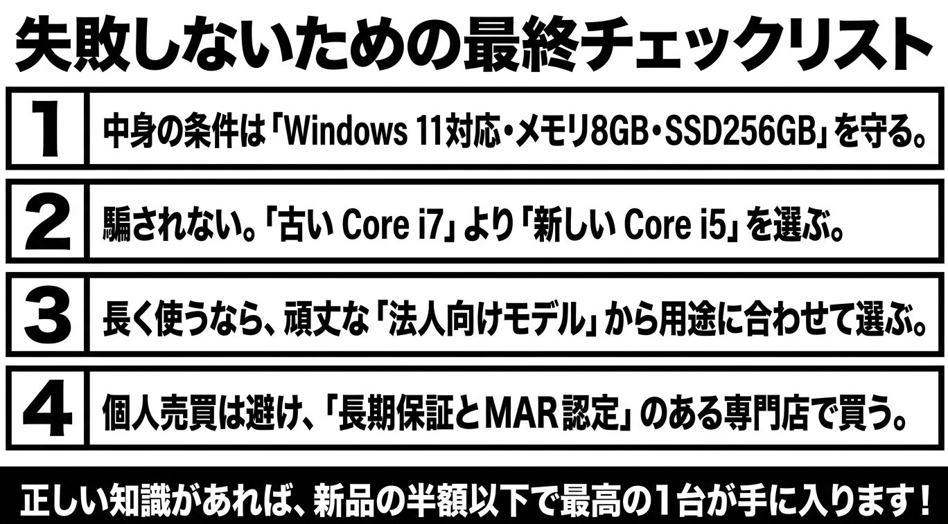 中古パソコン購入前の最終チェックリスト。Windows 11対応・メモリ8GB・SSD256GB、古いCore i7より新しいCore i5、法人向けモデル、長期保証とMAR認定のある専門店を確認するポイント