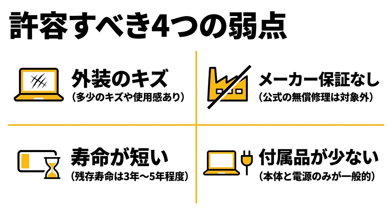 中古パソコンで許容すべき4つの弱点 中古パソコンの主な弱点である外装のキズ、メーカー保証がないこと、バッテリーなどの残存寿命、付属品が少ないことを示す図