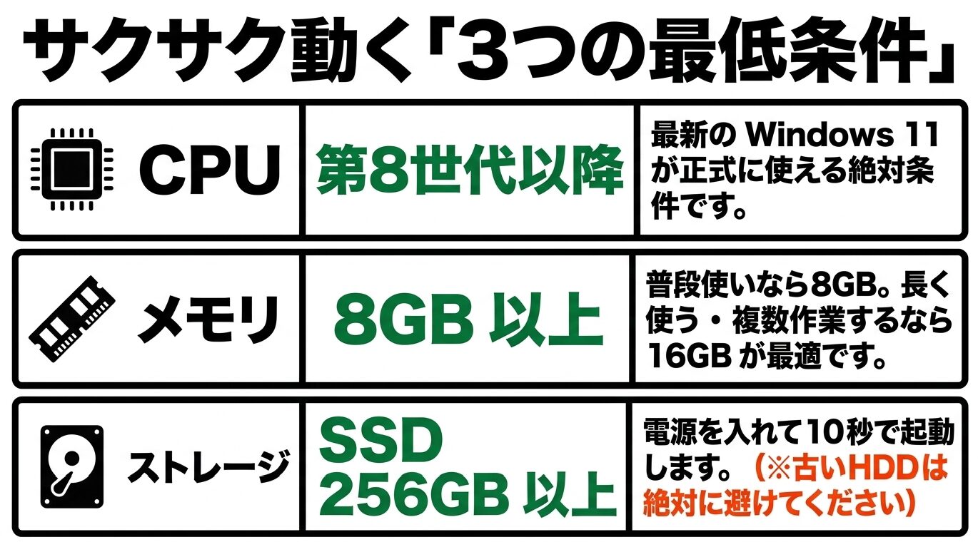 中古パソコンで快適に使うための最低条件。第8世代以降のCPU、8GB以上のメモリ、256GB以上のSSDを示す図