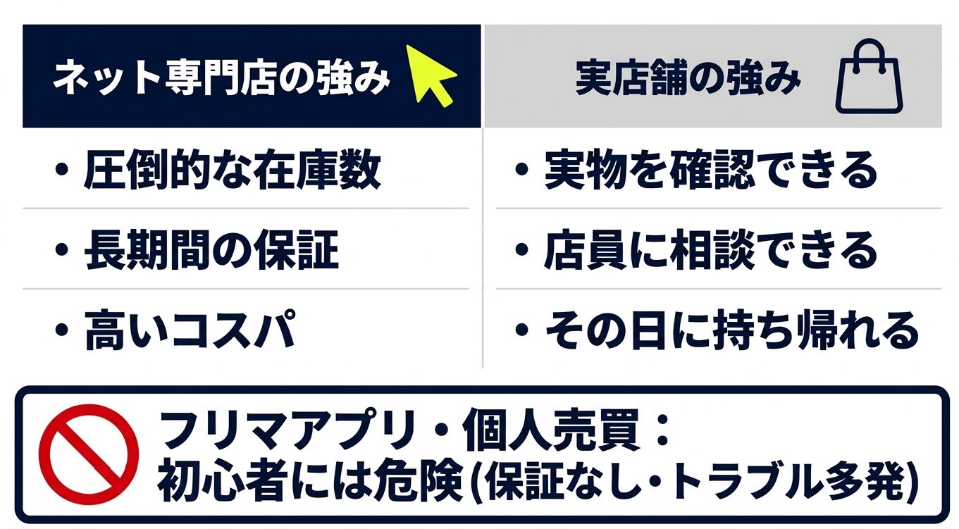 中古パソコンのネット専門店は在庫数・保証・コストパフォーマンスに優れ、実店舗は実物確認・相談・即日持ち帰りに強い。保証のない個人売買は初心者には危険
