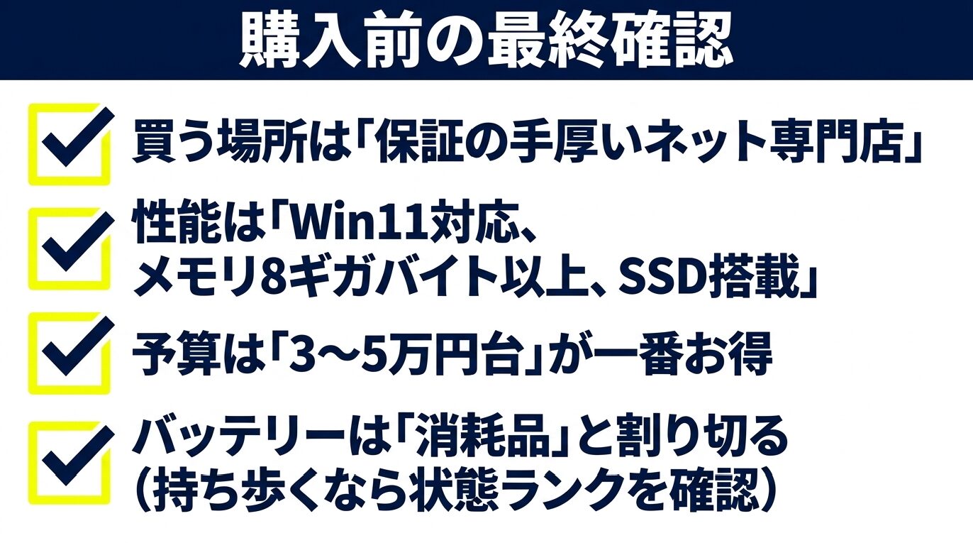 中古パソコン購入前に確認したい、保証の手厚いネット専門店、Windows 11対応、メモリ8GB以上とSSD、3万円から5万円台の予算、バッテリー状態の5項目