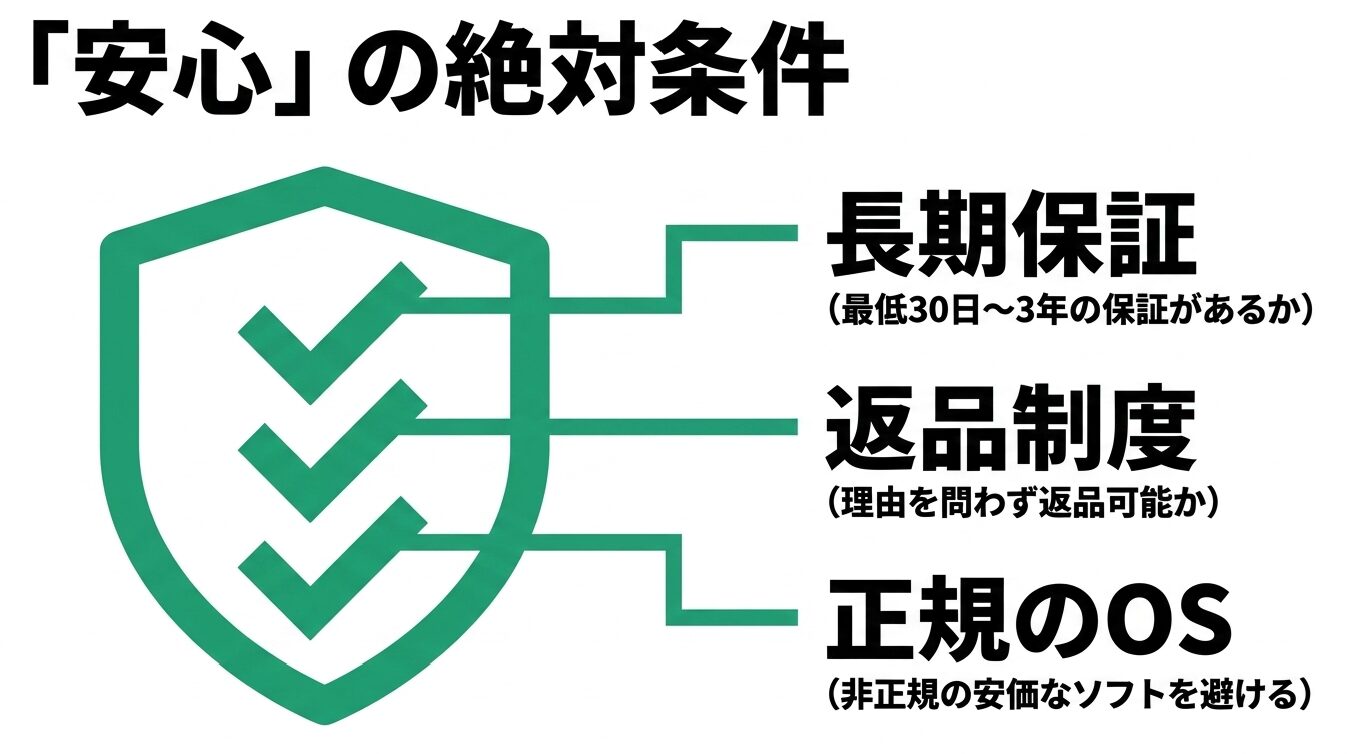 中古パソコンを安心して買うための絶対条件 中古パソコンを安心して購入するためには、30日から3年の長期保証、理由を問わない返品制度、非正規ソフトを避けた正規OSの3条件を確認する必要があることを示す図