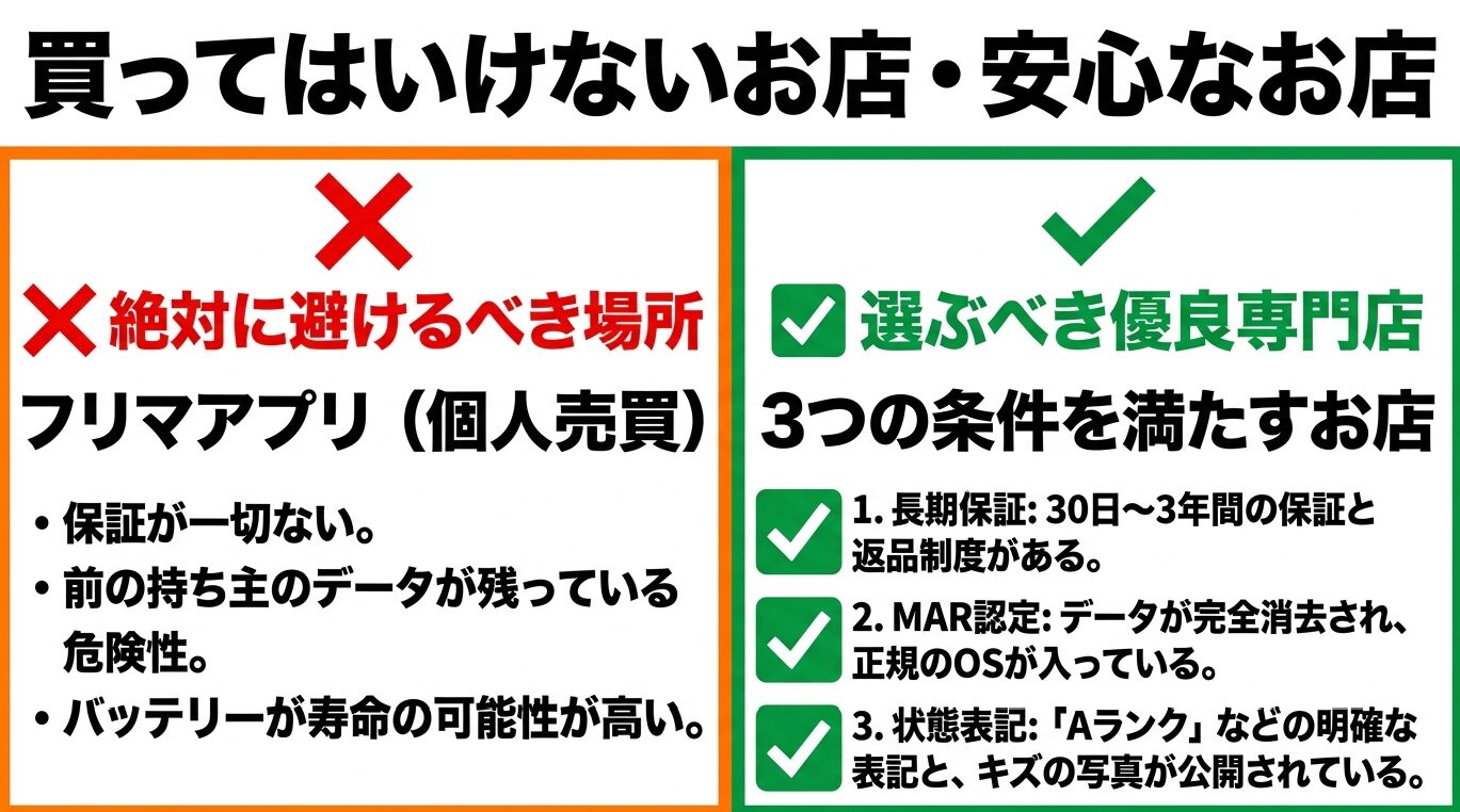 保証のないフリマアプリや個人売買を避け、長期保証と返品制度、MAR認定によるデータ消去と正規OS、状態表記とキズ写真の3条件を満たす優良中古専門店を選ぶ基準