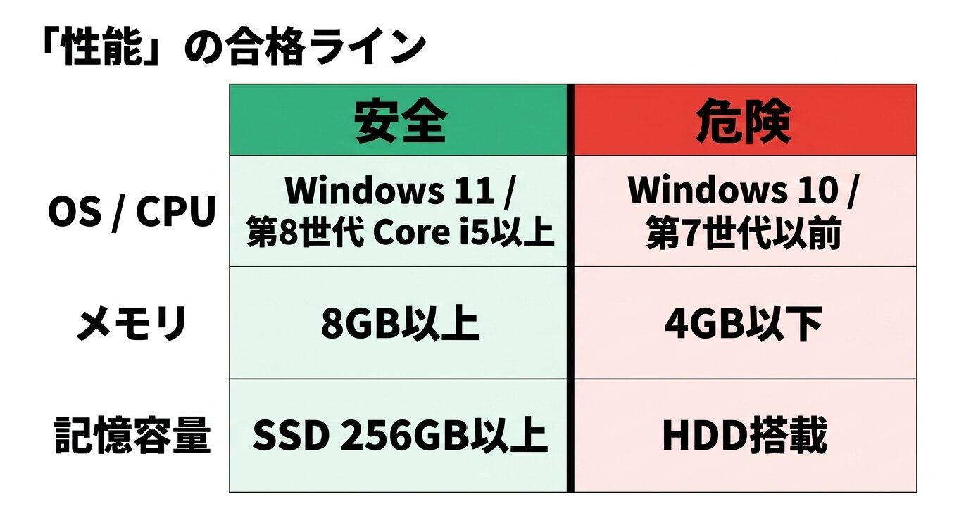 中古パソコン性能の合格ライン 安全な中古パソコンの性能基準は、Windows 11対応かつ第8世代Core i5以降、メモリ8GB以上、SSD256GB以上。Windows 10、第7世代以前、4GB以下、HDD搭載は避けるべきことを示す図