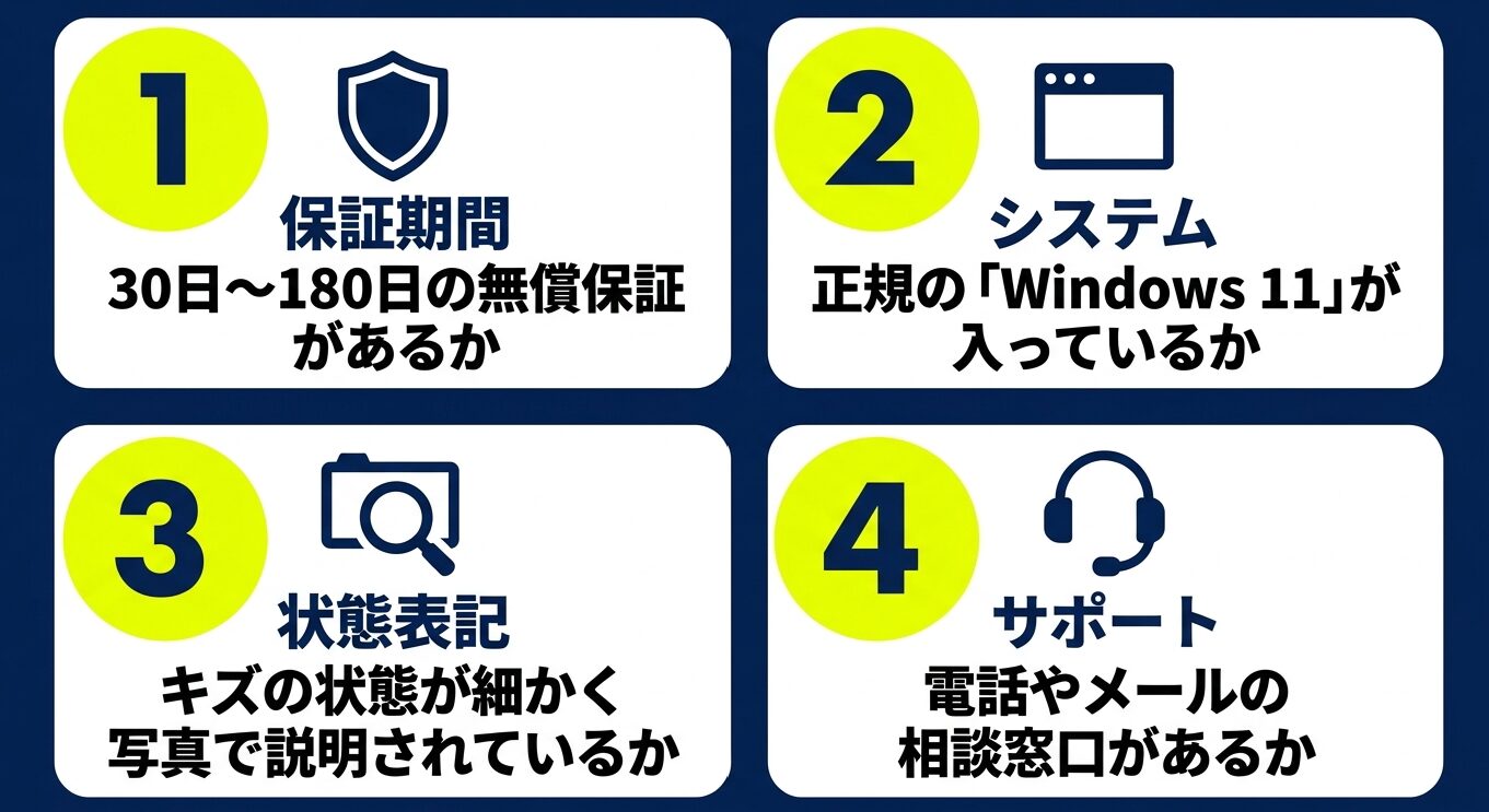 中古パソコンの優良ショップ選びで確認したい、無償保証期間、正規Windows 11、キズの状態表記、電話やメールのサポート窓口の4項目