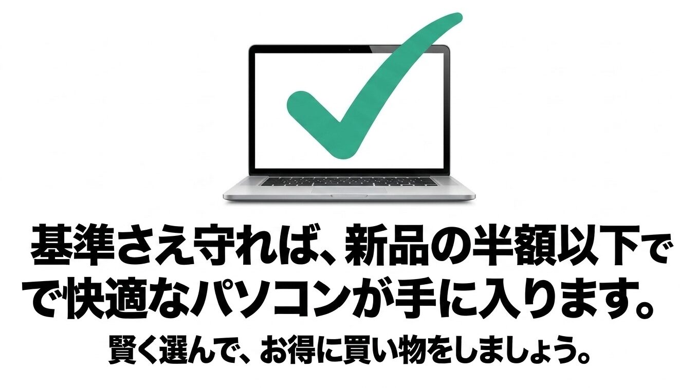 中古パソコンは基準を守れば新品の半額以下で快適 中古パソコンは必要な基準を守って選べば、新品の半額以下でも快適に使えるパソコンを購入できることを伝えるイメージ