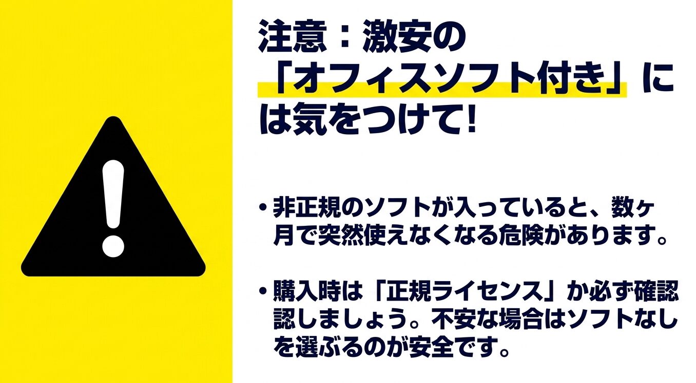 激安のOfficeソフト付き中古パソコンには非正規ライセンスの可能性があり、数か月で使えなくなるリスクがあるため、正規ライセンスを確認するかソフトなしのパソコンを選ぶよう促す注意喚起