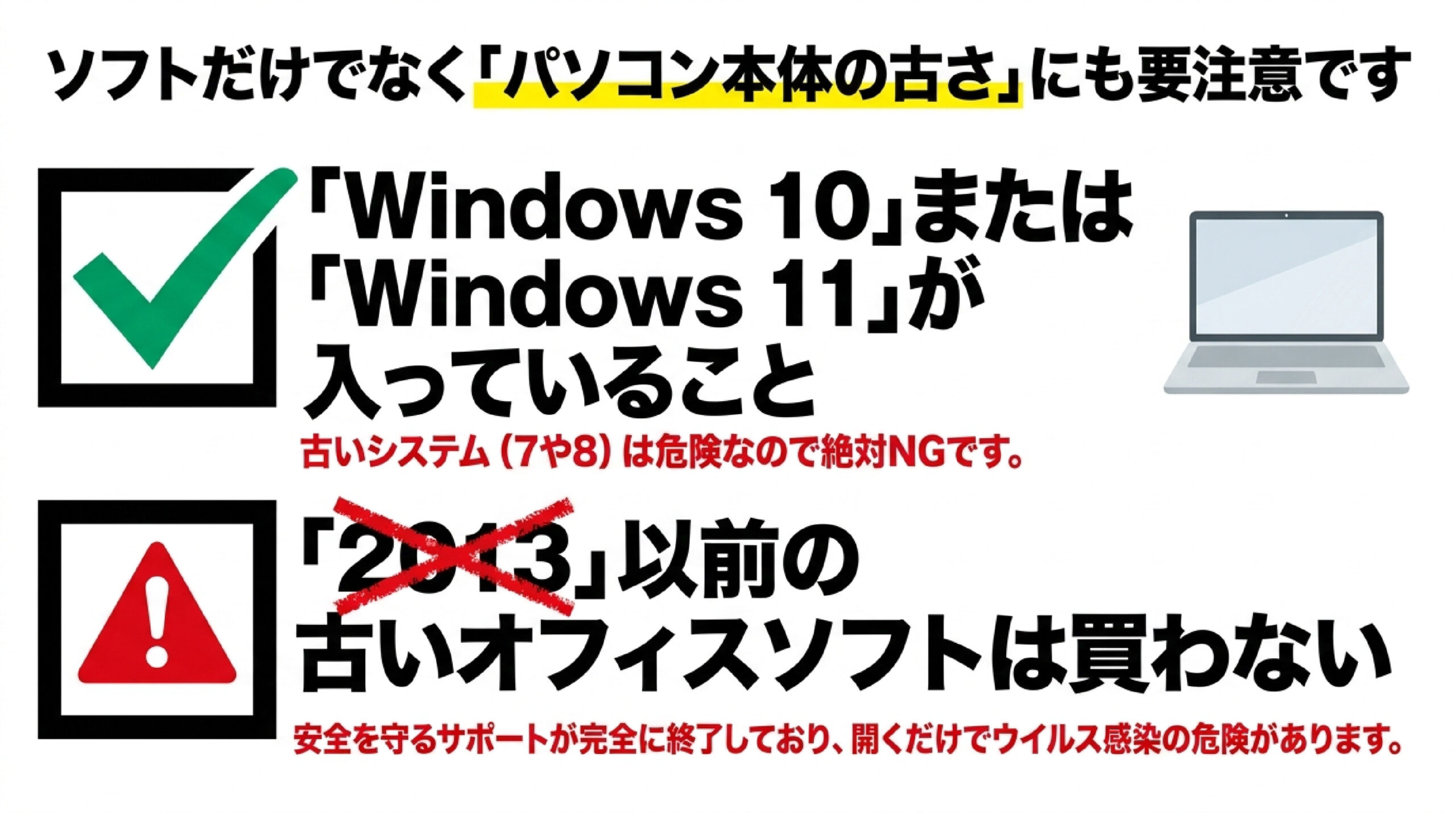快適に使うための「3つの条件」(Win11・8GBメモリ・256GB SSD) 中古パソコンを快適に使うための3つの必須スペック基準