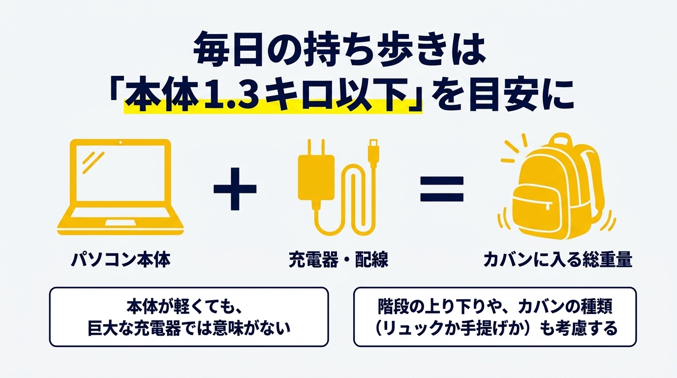 パソコン本体と充電器の合計がカバンの総重量になることと、1.3kg以下目安を示す図解