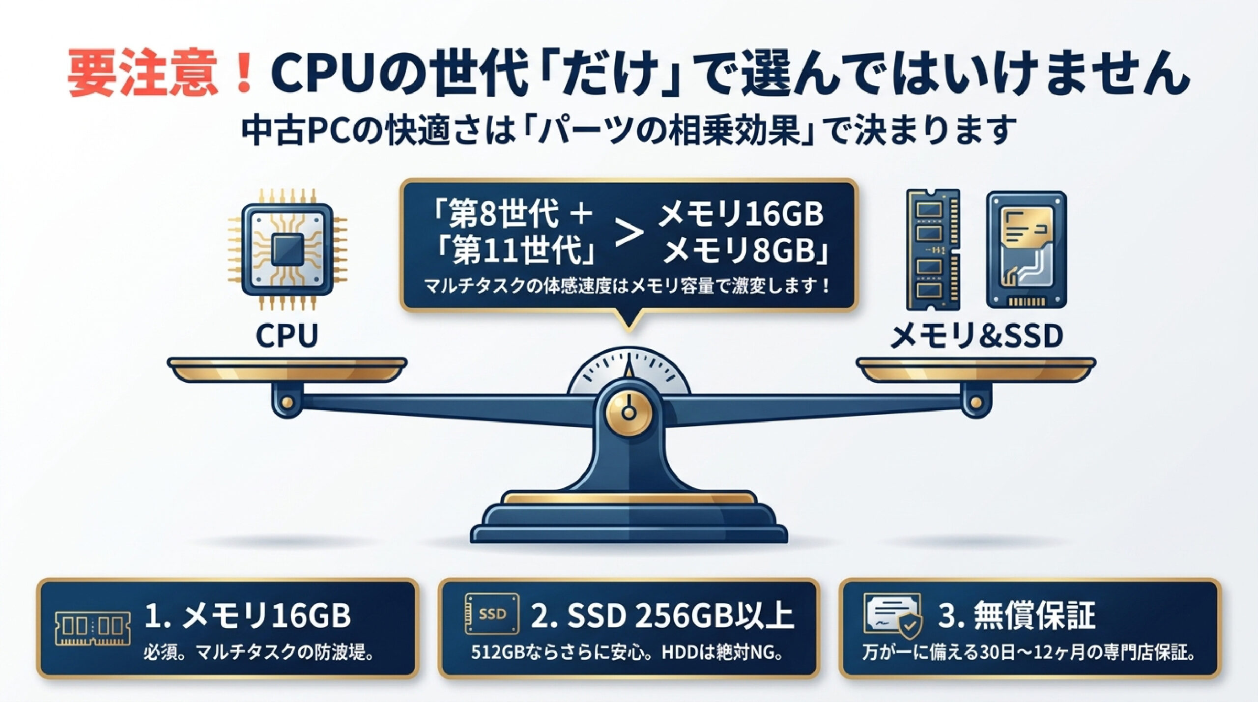 CPU世代とメモリ・SSDの総額比較テクニック CPU世代だけでなくメモリ16GBやSSD容量・無償保証の相乗効果の重要性を図解したスライド画像