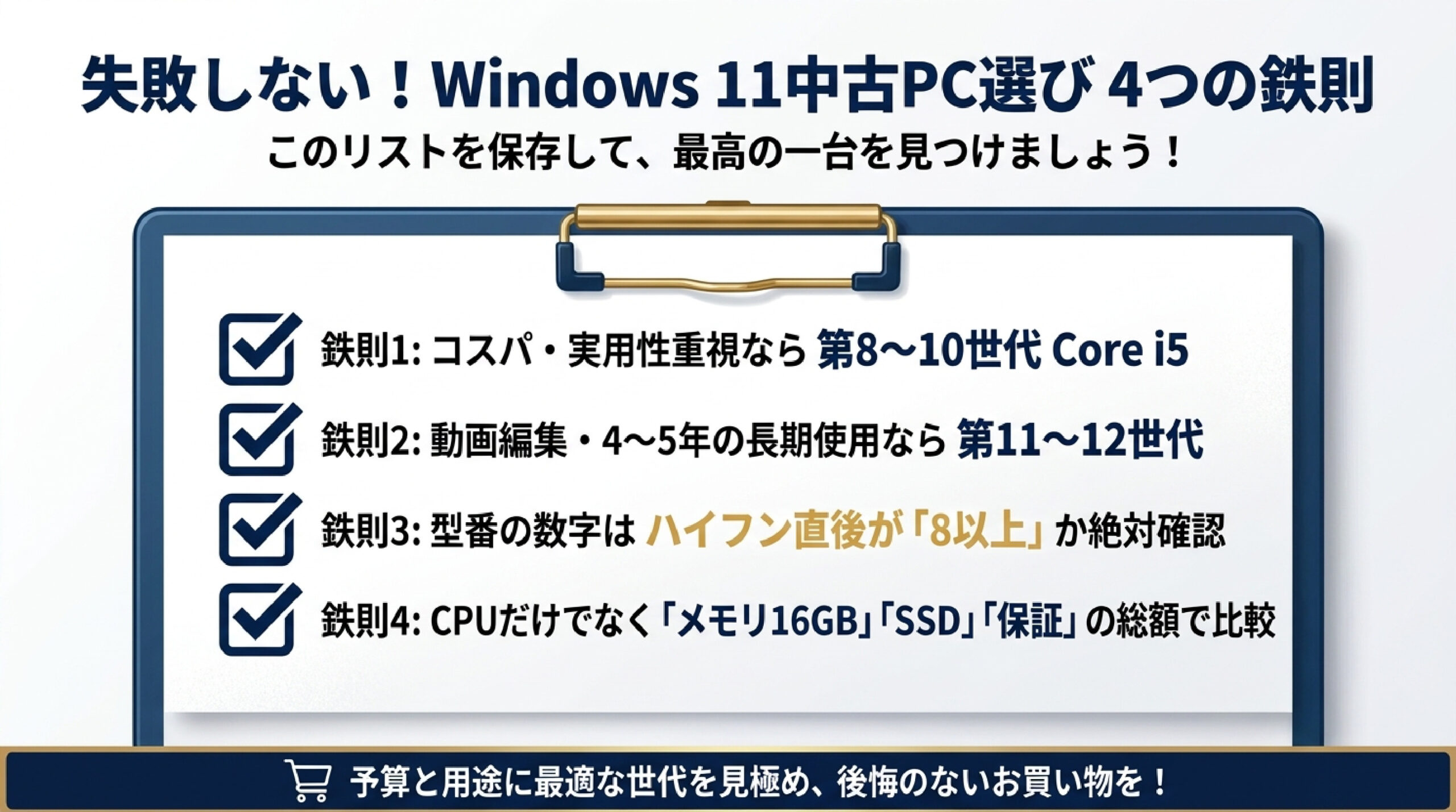 Windows 11中古PC選びの4つの鉄則 Windows11中古PC選びで失敗しない4つの鉄則をまとめたスライド画像
