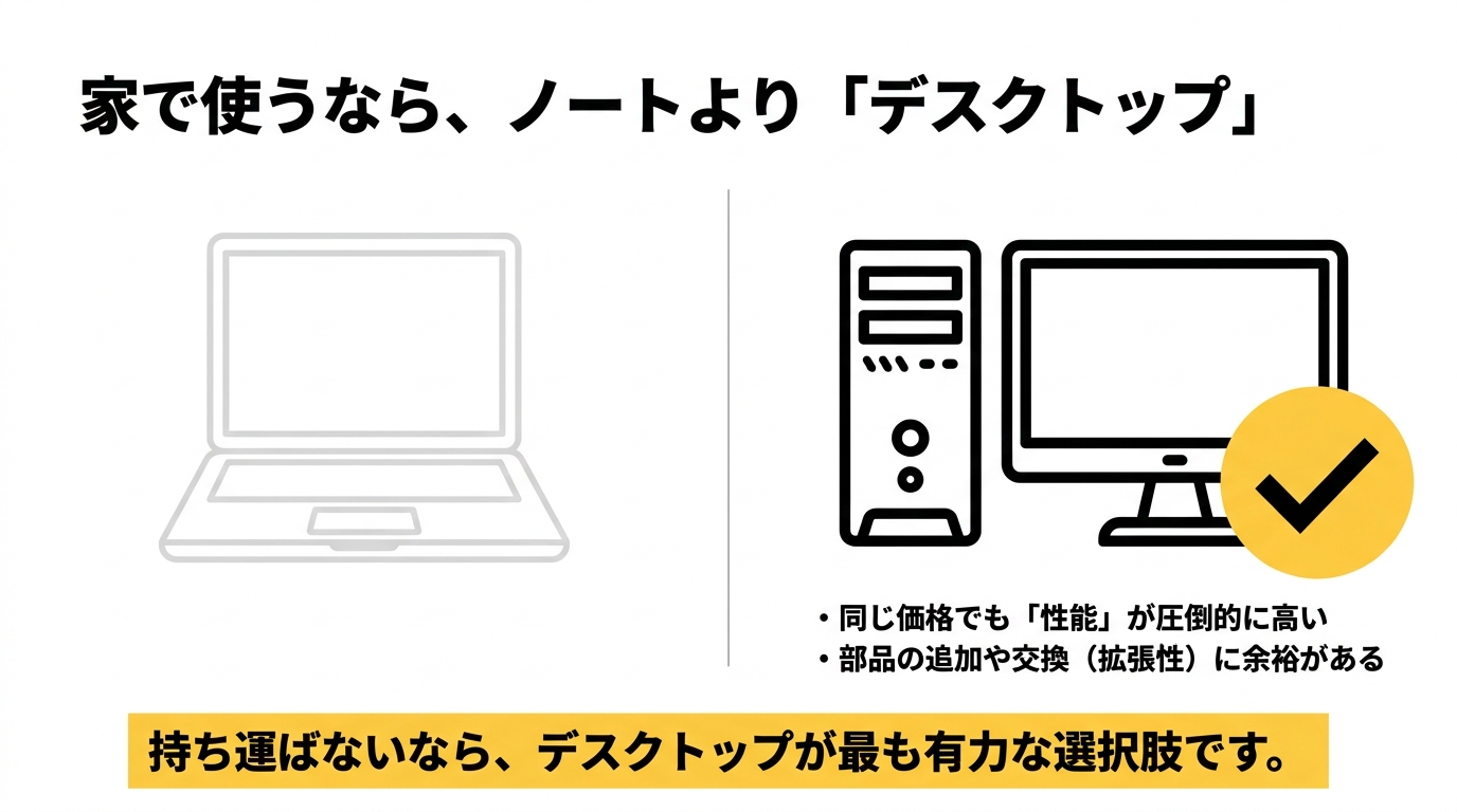 家で使うならノートよりデスクトップが有力 自宅利用なら同価格のノートよりデスクトップが性能と拡張性で有利であることを示す比較スライド