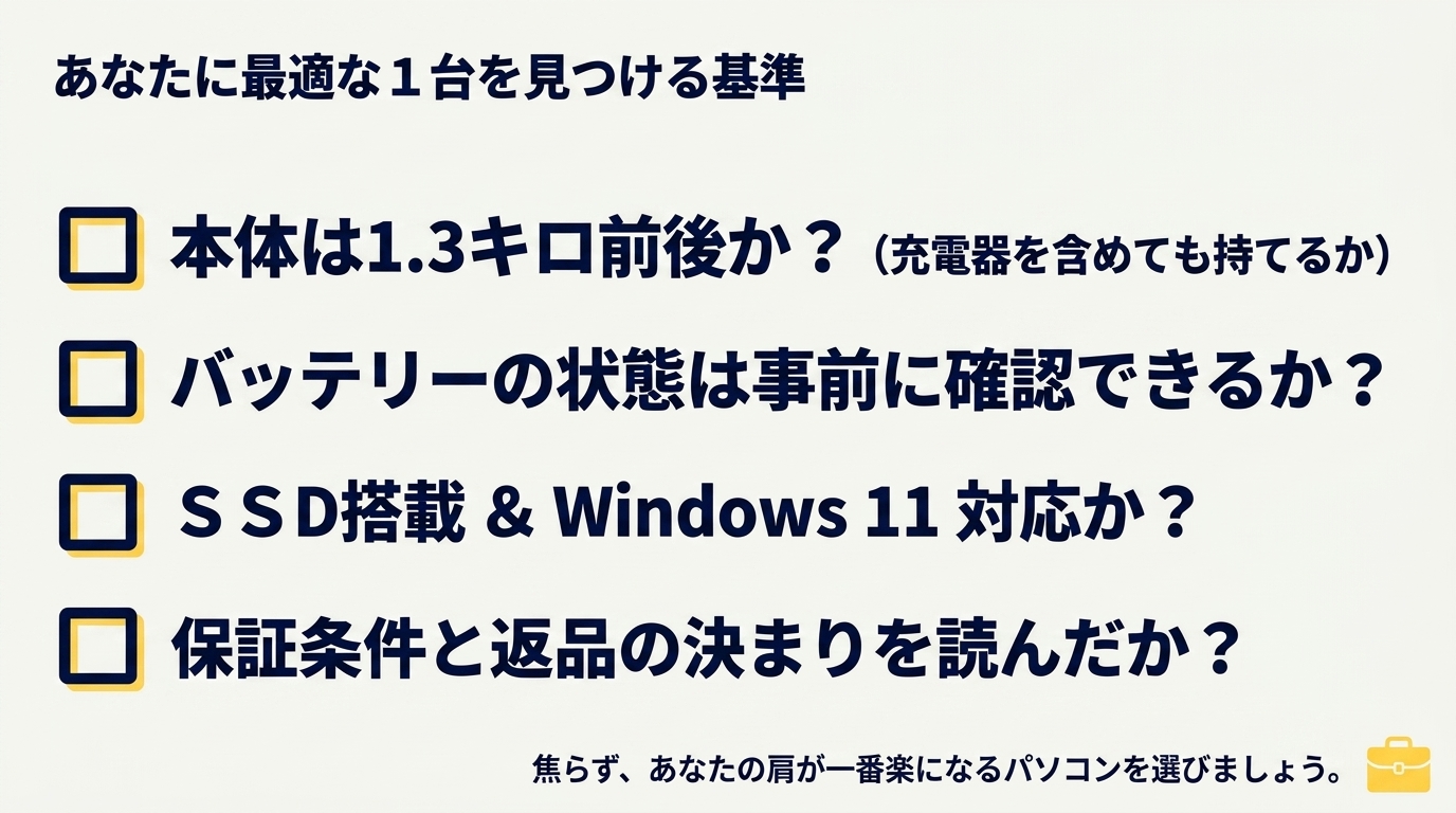 1.3kg前後・バッテリー確認・SSDとWindows 11・保証と返品を確認する最終チェックリスト