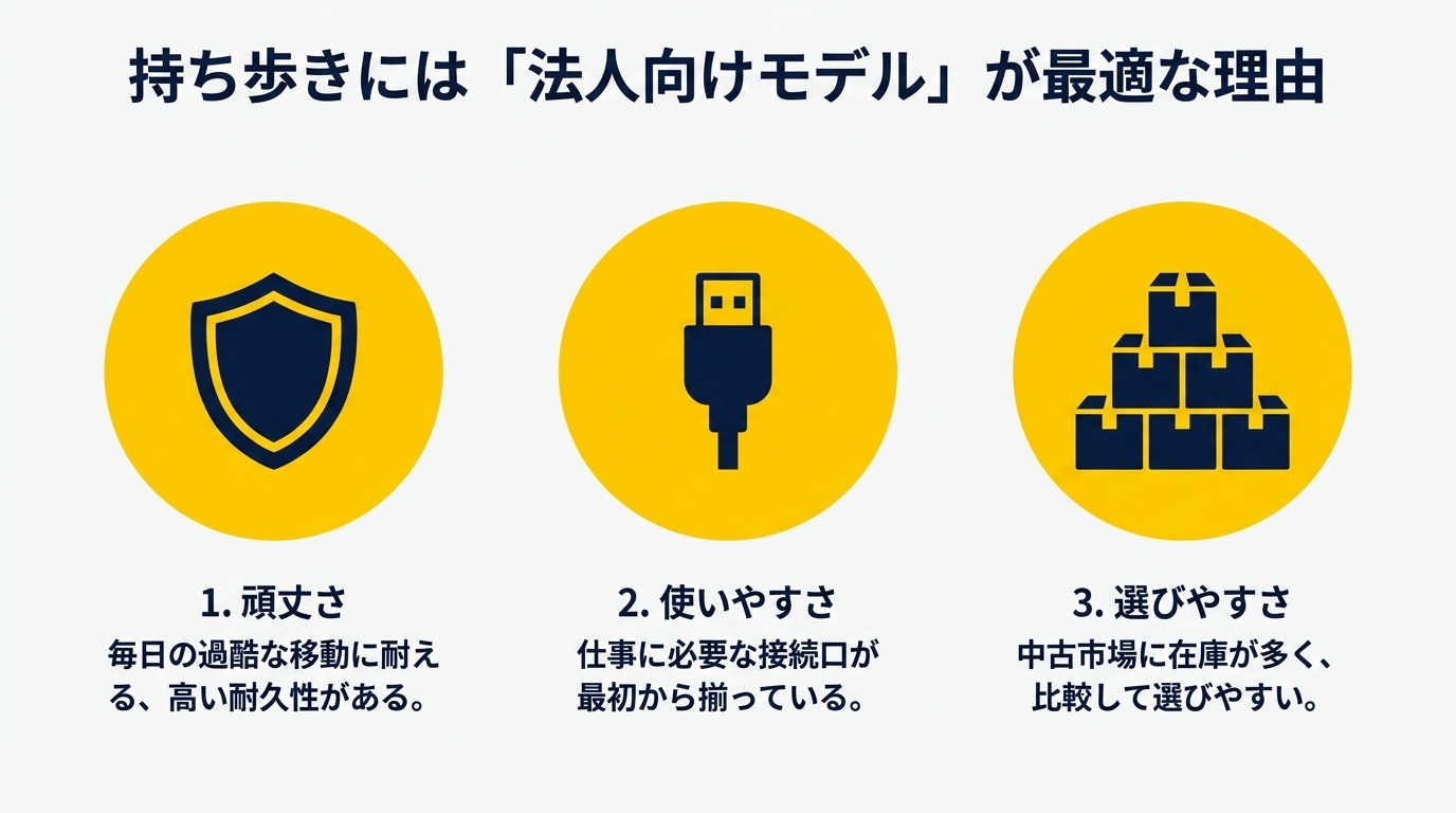 頑丈さ・端子の揃い・中古在庫の多さから法人向けノートが持ち歩きに向くと示すスライド