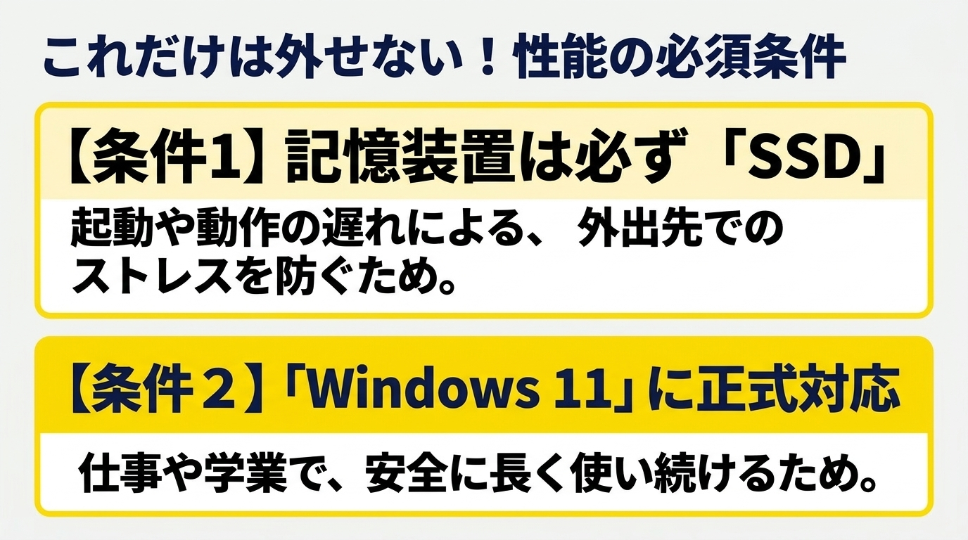 記憶装置はSSD、Windows 11正式対応が必須条件だと示す性能チェックのスライド
