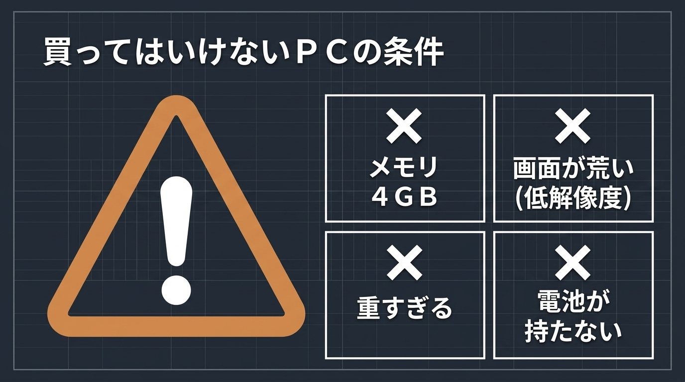 メモリ4GB・低解像度・重すぎる・電池が持たないという買ってはいけないPC条件を示す注意喚起スライド