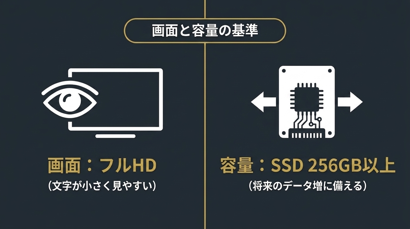 画面はフルHD、容量はSSD256GB以上を推奨基準として示すプログラミング用中古PCの選び方スライド