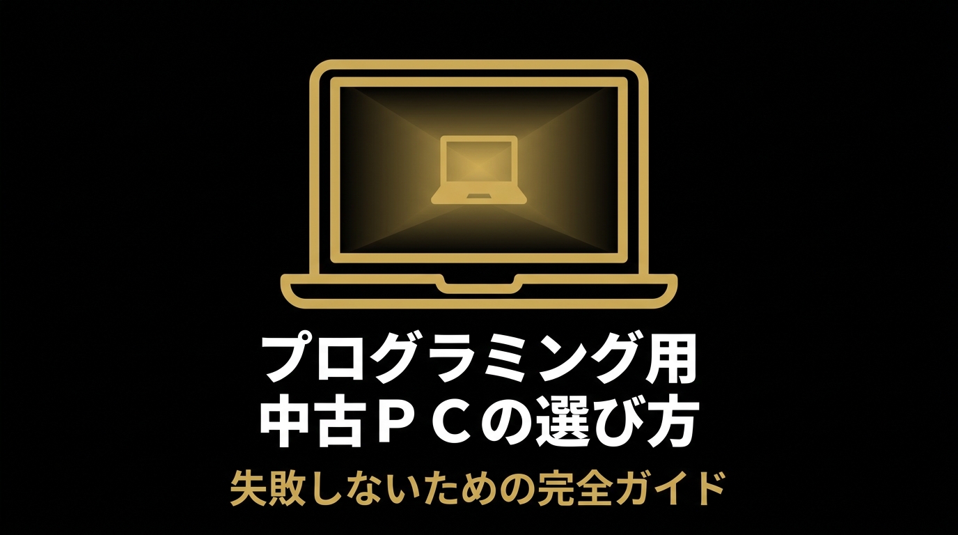 プログラミング用の中古パソコン選びで失敗しないための完全ガイドを示す表紙スライド