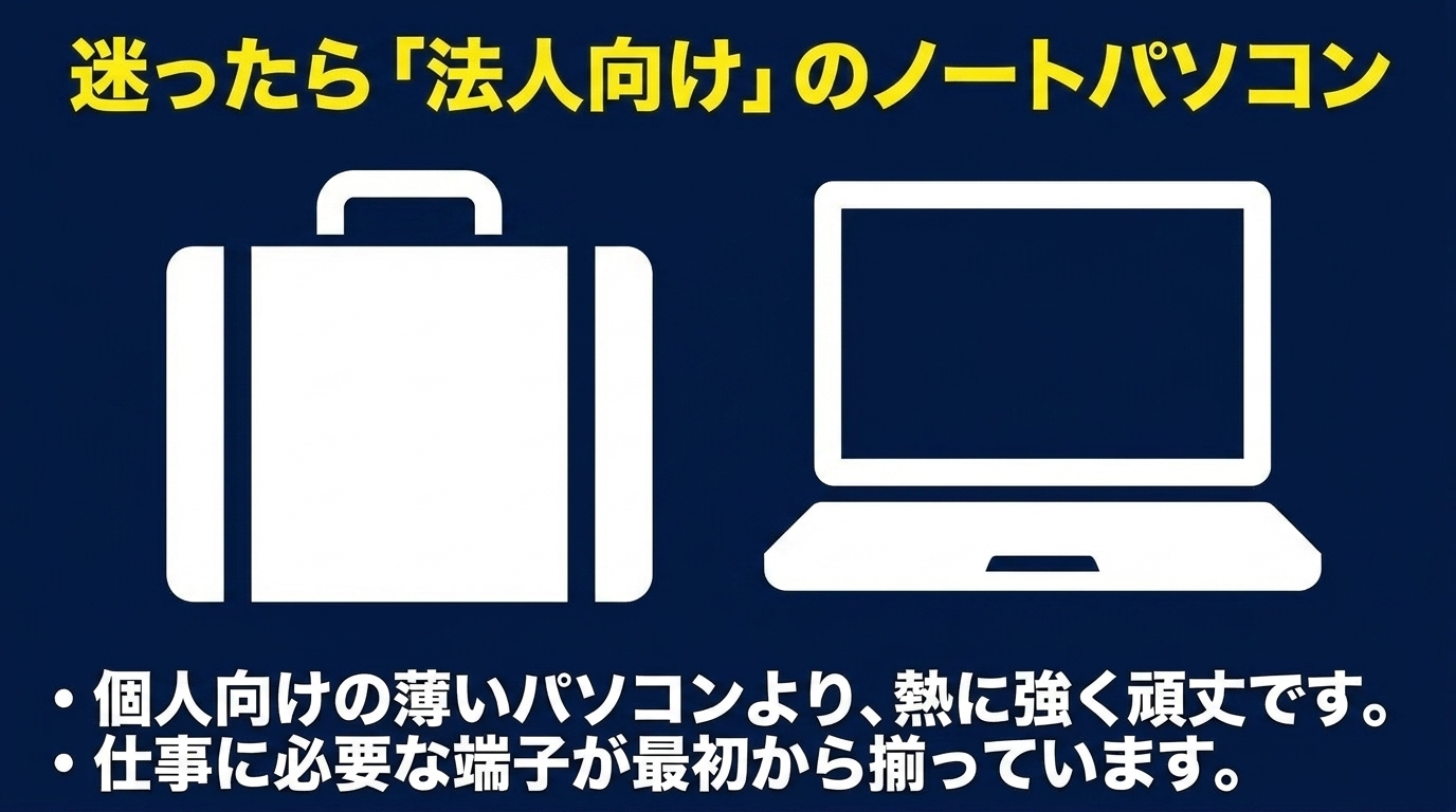 迷ったら法人向けノートパソコンを選ぶ理由 個人向け薄型より法人向けノートが熱に強く頑丈で、仕事用端子が揃っていると示すスライド