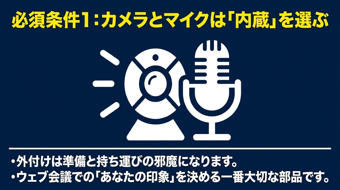 必須条件1|カメラとマイクは内蔵を選ぶ ウェブ会議の印象を左右するため、外付けより内蔵カメラとマイクを選ぶべきだと示すスライド