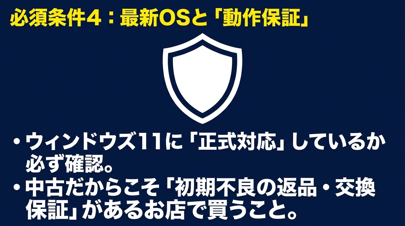 必須条件4|Windows 11正式対応と動作保証 Windows 11正式対応の確認と、初期不良の返品・交換保証がある店で買う重要性を示すスライド