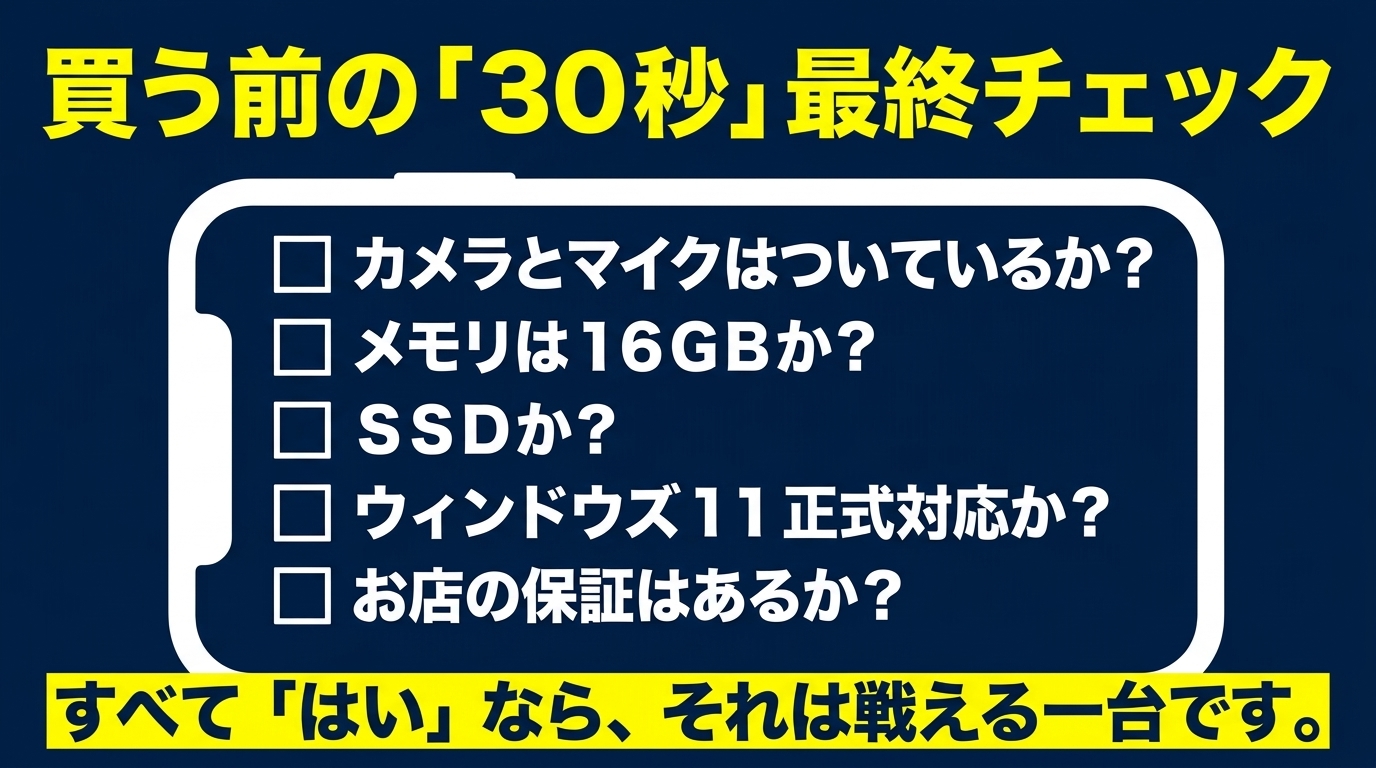 買う前の30秒最終チェック|在宅中古PC カメラとマイク・16GB・SSD・Windows 11正式対応・お店の保証の5項目を確認する最終チェックリスト