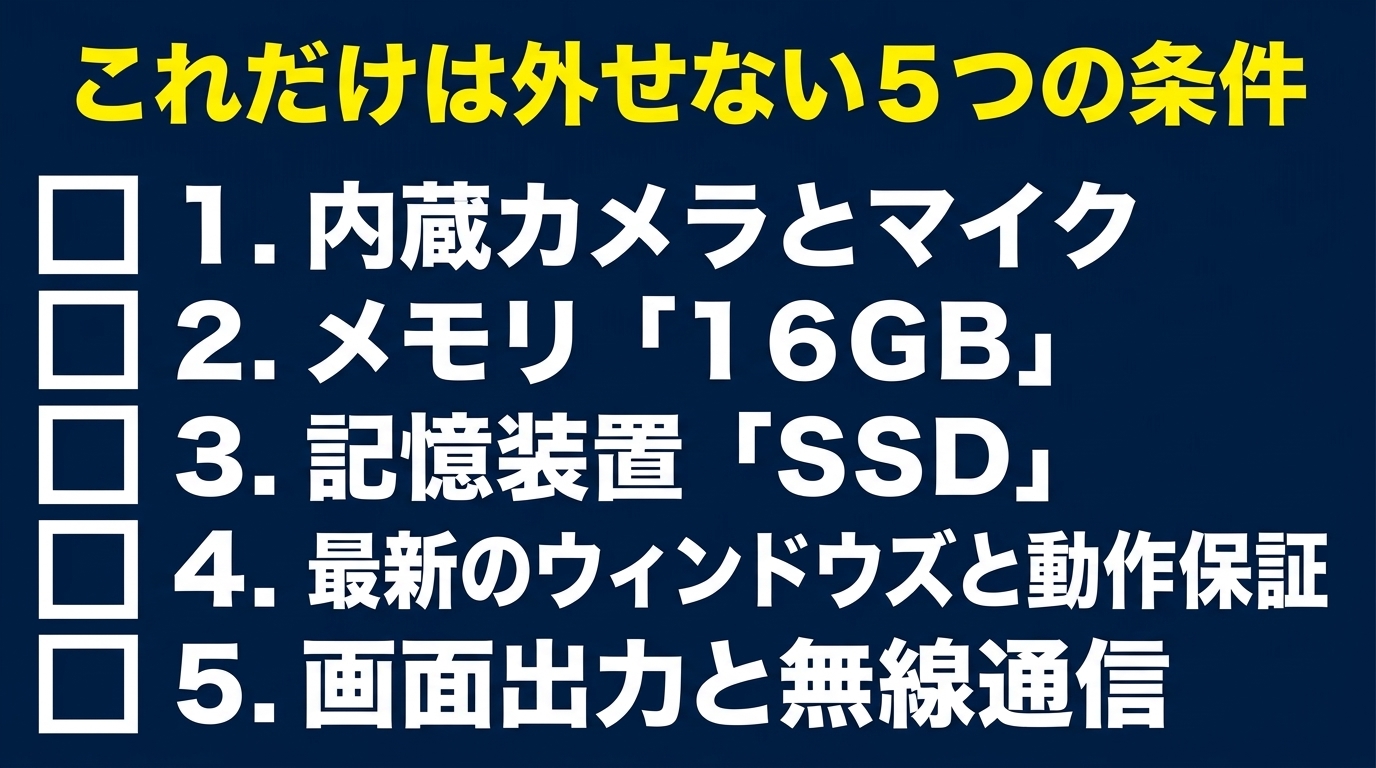 在宅中古PCで外せない5つの条件チェックリスト 内蔵カメラ・マイク、メモリ16GB、SSD、最新Windowsと動作保証、画面出力と無線の5条件をまとめたチェックリスト