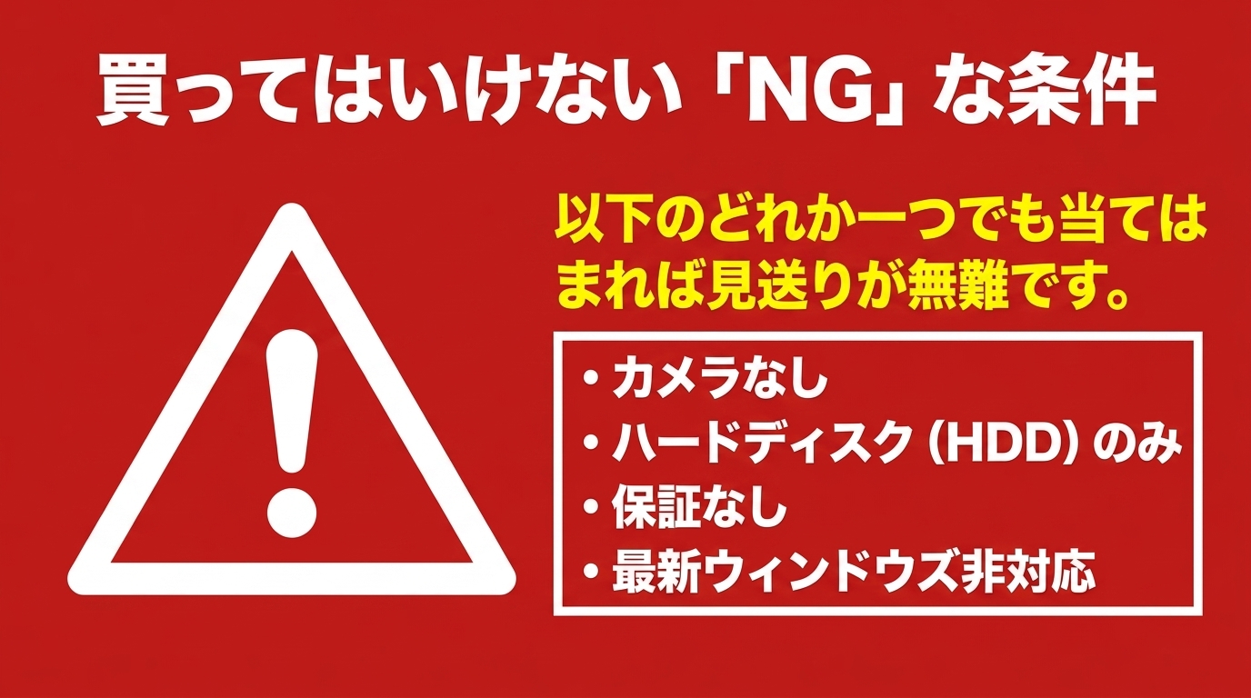 在宅中古PCで買ってはいけないNG条件 カメラなし・HDDのみ・保証なし・最新Windows非対応のいずれかなら見送りが無難だと示す注意スライド