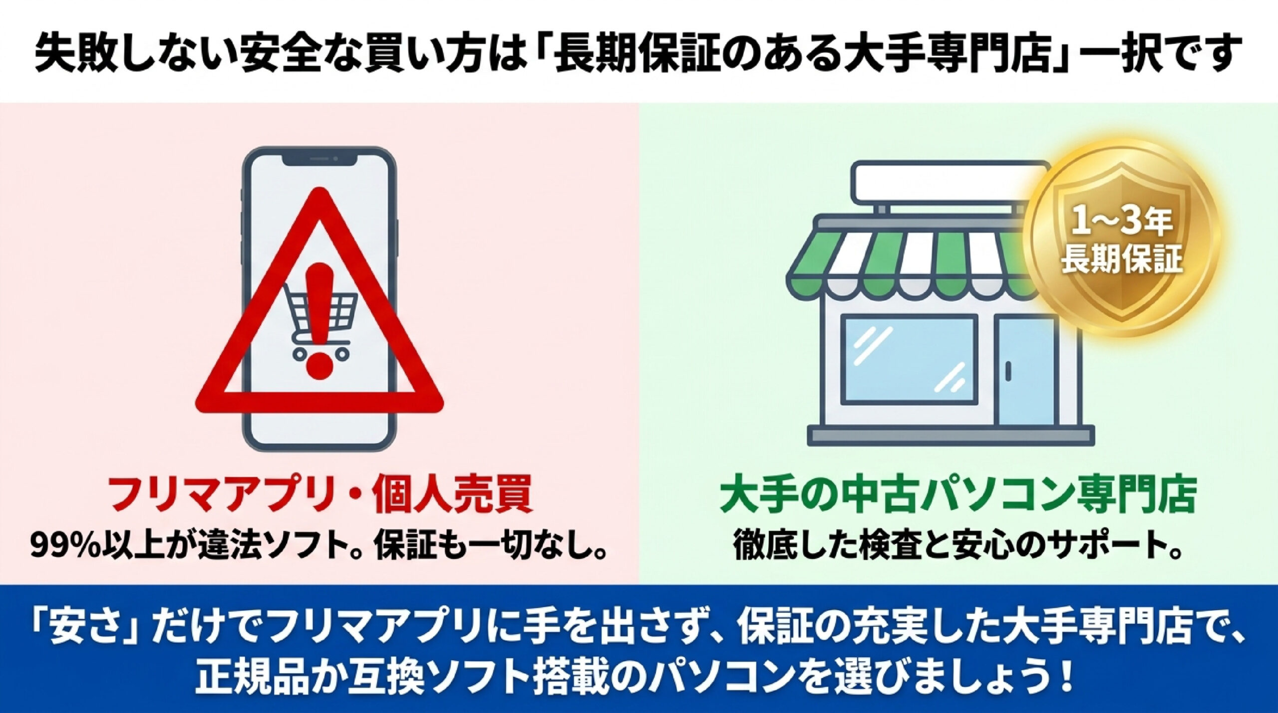 安心の購入ステップ(前・中・後) 中古パソコン購入前・購入中・購入後に確認すべき3つの安心ステップ