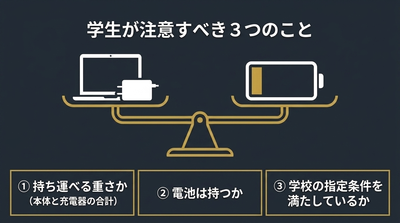 学生向け中古PC選びで注意すべき、持ち運べる重さ、バッテリー持ち、学校指定条件の3点をまとめたスライド