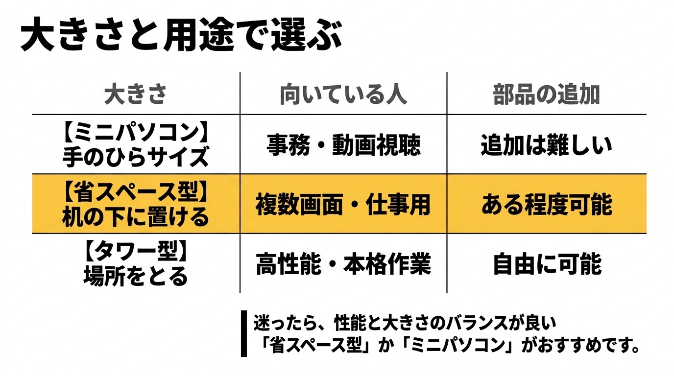ミニPC・省スペース型・タワー型の用途比較 ミニパソコン・省スペース型・タワー型の向きと部品追加のしやすさを比較し、迷ったら省スペース型かミニPCを勧める表