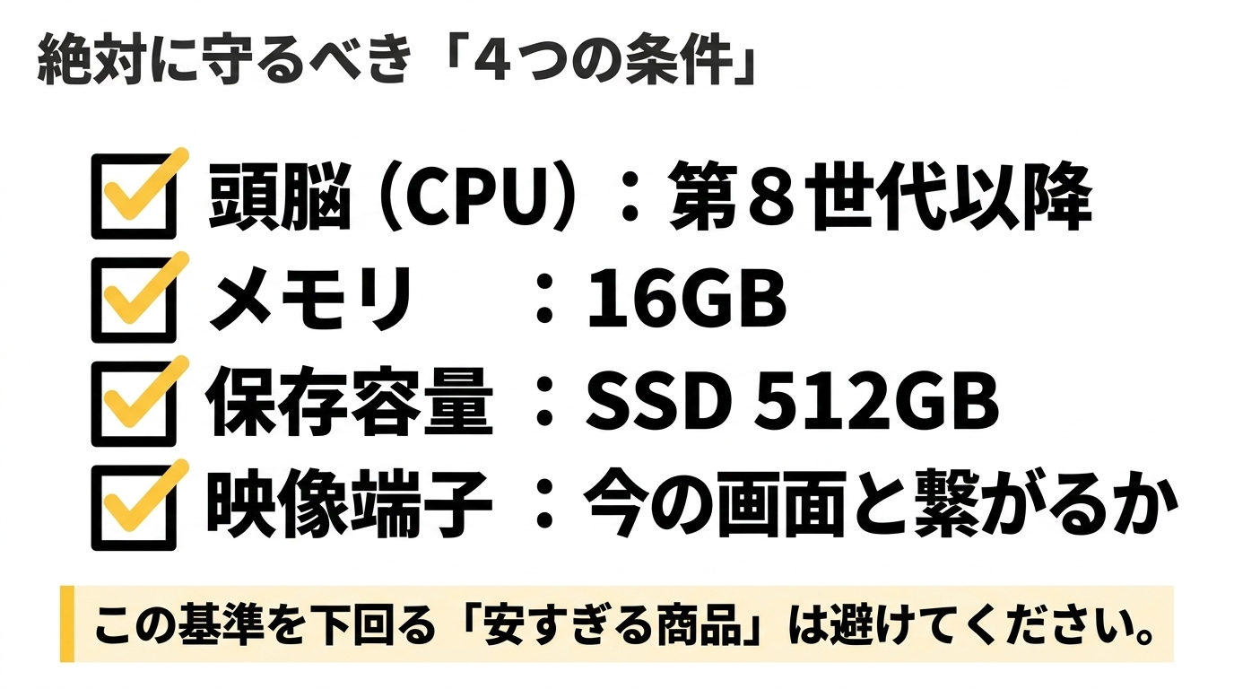 中古デスクトップ選びで守るべき4つの条件 第8世代以降CPU・メモリ16GB・SSD512GB・映像端子の適合という中古デスクトップ購入時の4条件チェックリスト