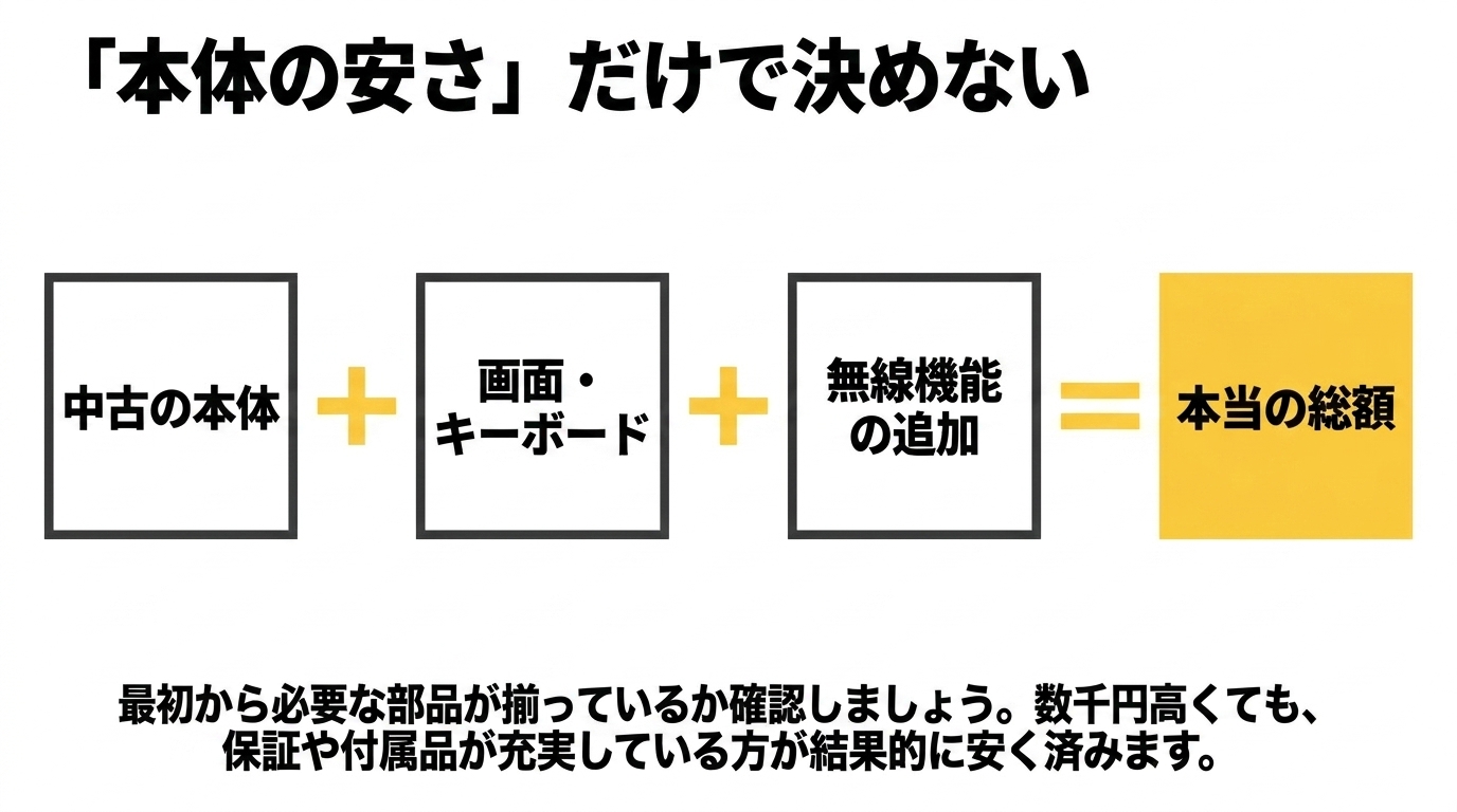 本体安さだけで決めない本当の総額の考え方 中古本体に画面・キーボード・無線機能の追加費用を足した本当の総額で比較することを説明する図解スライド