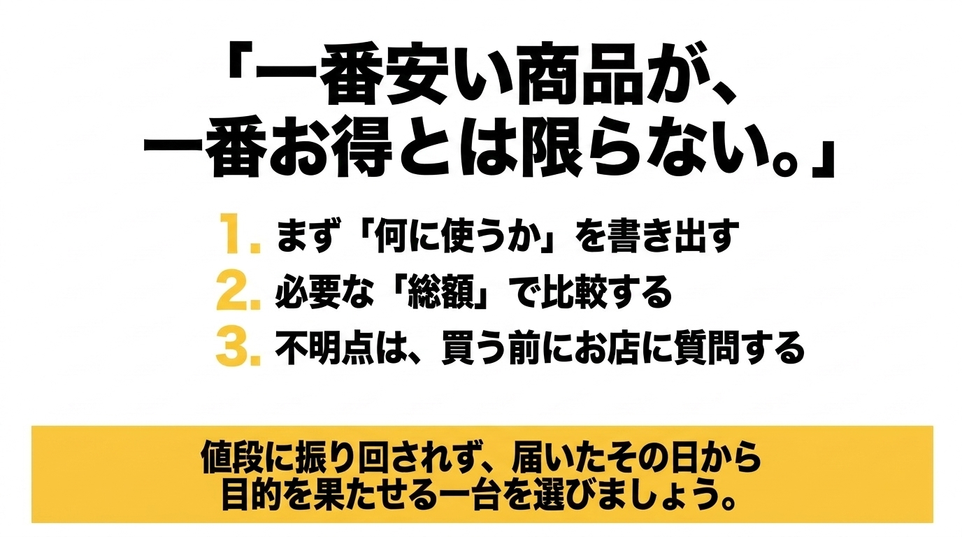 一番安い商品が一番お得とは限らない3つの確認 用途の書き出し・必要な総額での比較・買う前の店への質問という3点と、届いた日から目的を果たせる一台を選ぶことを促すスライド