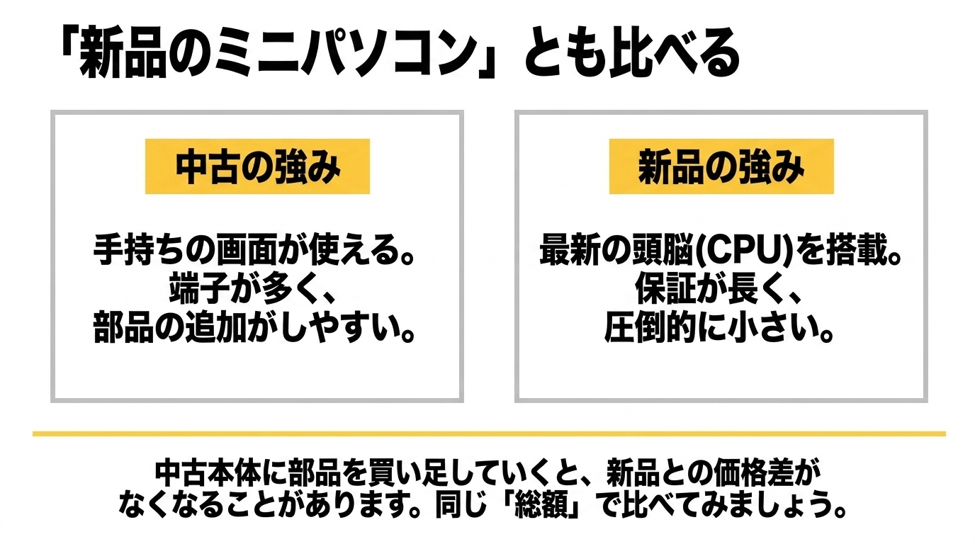 中古デスクトップと新品ミニPCの強み比較 中古は手持ち画面と端子・増設、新品は最新CPUと長い保証・小ささが強みで、同じ総額で比べることを勧める比較スライド