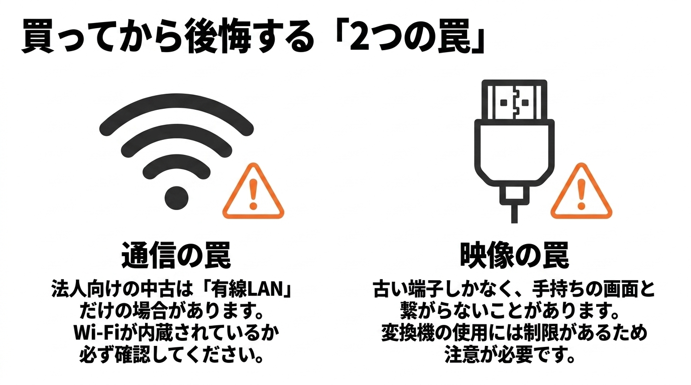 中古デスクトップの通信と映像の2つの罠 法人向け中古は有線LANのみの場合があること、映像端子が合わず接続できないことがあるという2つの注意点を示す図解