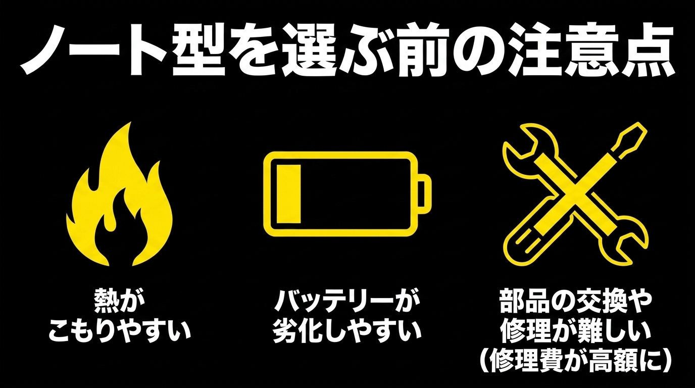 ゲーミングノート選び前の熱・電池・修理の注意点 ノート型は熱がこもりやすい・バッテリーが劣化しやすい・部品交換や修理が難しいという3つの注意点を示すスライド