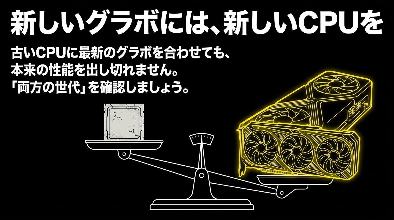 新しいグラボには新しいCPUが必要|世代の釣り合い 古いCPUに最新グラボを合わせても性能を出し切れないことを天秤で示し、両方の世代確認を促す図解