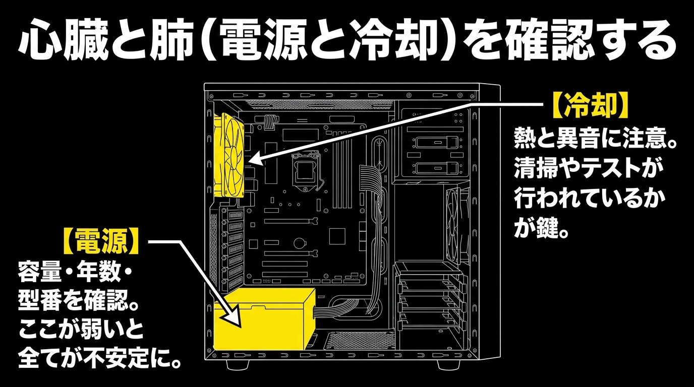 中古ゲーミングPCの電源と冷却の確認ポイント 電源は容量・年数・型番を、冷却は熱と異音・清掃やテストの有無を確認すべきことをPC内部図で示す解説スライド