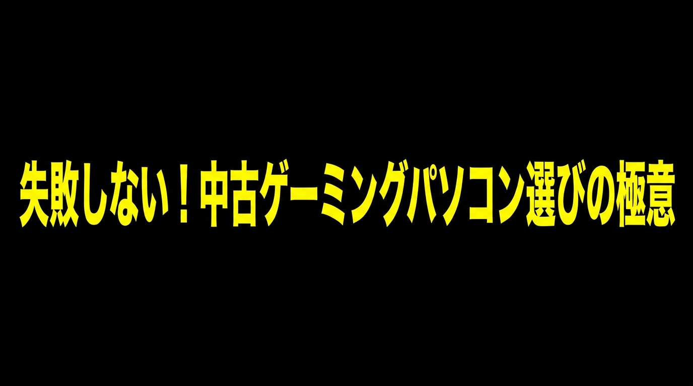 失敗しない!中古ゲーミングパソコン選びの極意 失敗しない中古ゲーミングパソコン選びの極意を黒背景に黄色い文字で示す表紙スライド