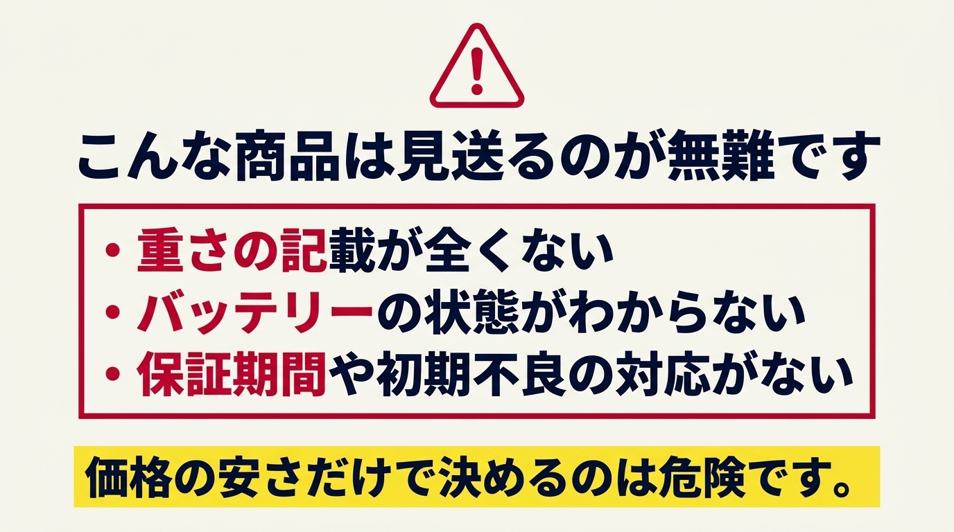 重さ未記載・バッテリー状態不明・保証なしは見送り、安さだけで決めるのは危険だと示す注意スライド