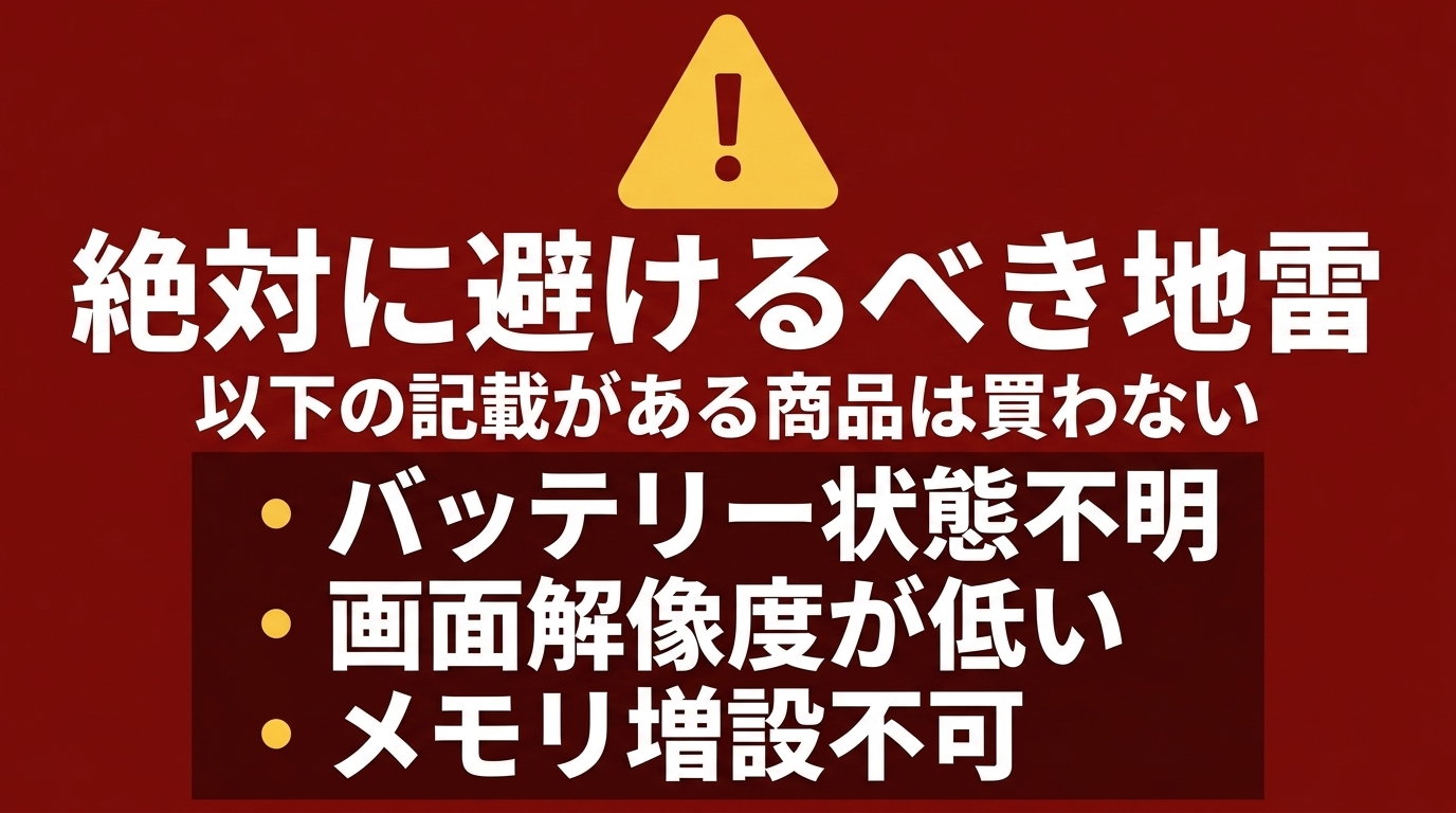 中古ノートで絶対に避けるべき地雷条件 バッテリー状態不明・画面解像度が低い・メモリ増設不可の商品は買わないと示す注意スライド
