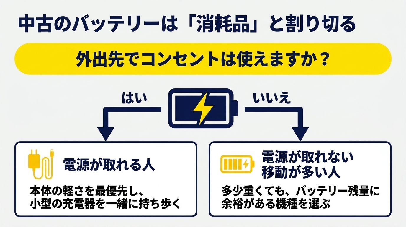 外出先でコンセントが使えるなら軽さ優先、使えないならバッテリー余裕を優先するフロー図