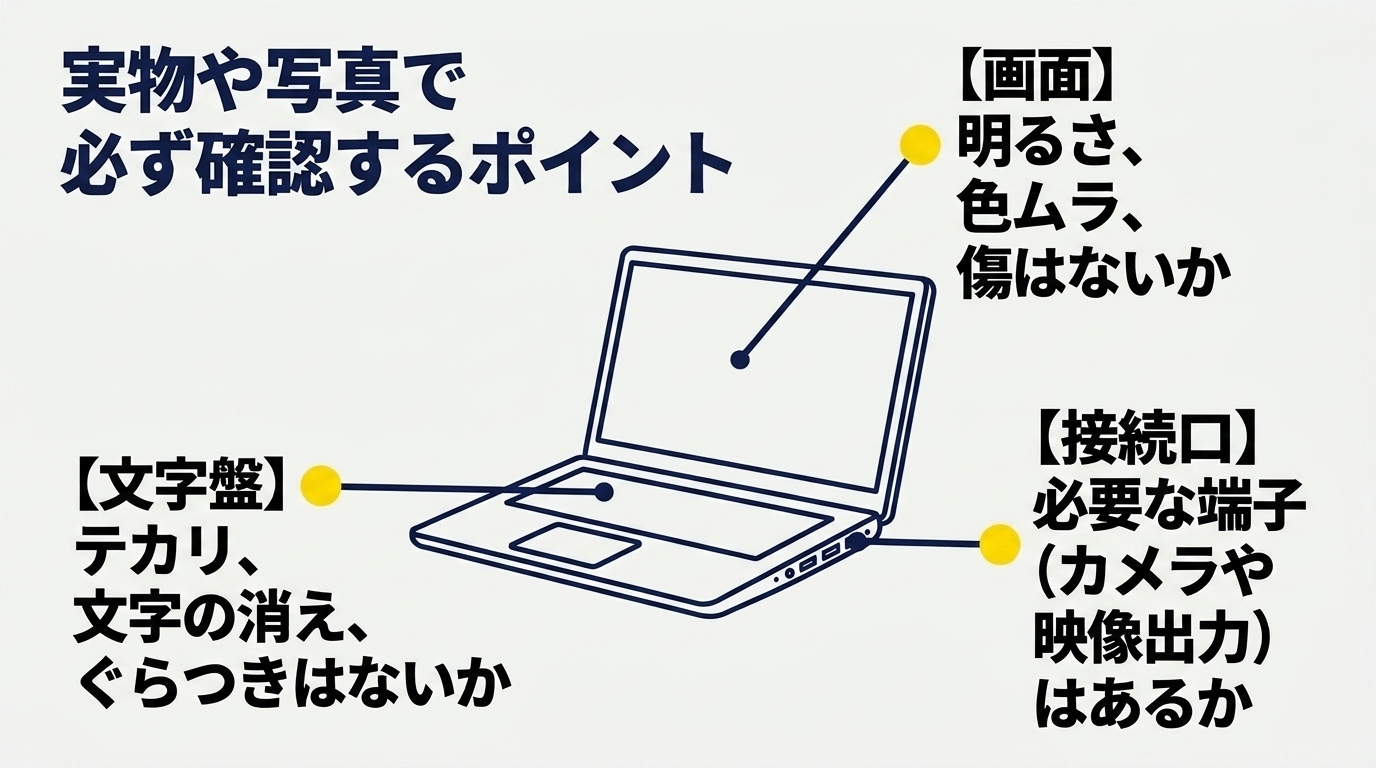 画面のムラや傷、キーボードのてかり・文字消え、必要な端子の有無を確認するポイント図