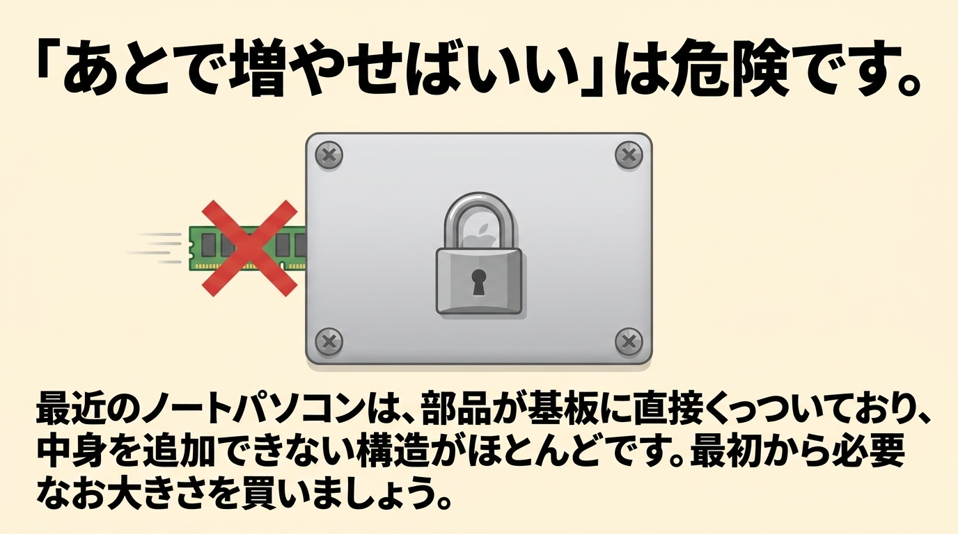あとで増やせばいいは危険|最初から必要容量を ノートは基板実装で増設できないことが多く最初から必要容量を買うべきと示す注意図